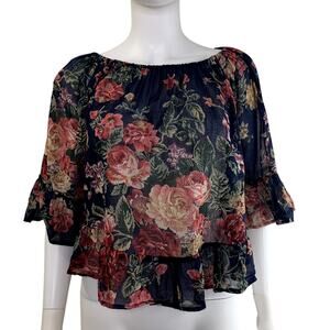 Denim & Supply Ralph Lauren Top Size XS Blue Floral Vanetta Ruffle Boho Sheer